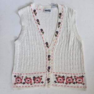Vintage cable knit floral embroidered button down sweater vest sz M